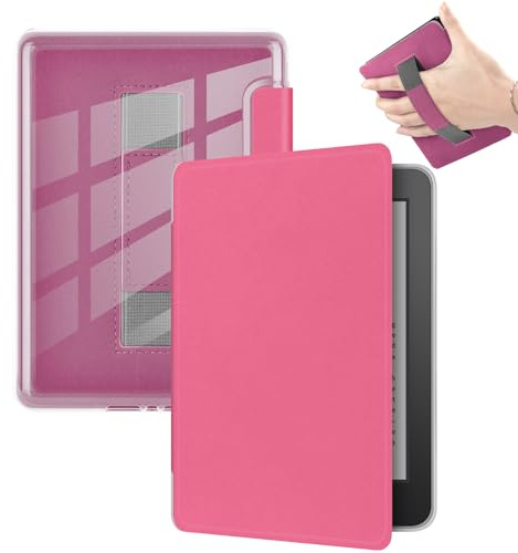 Fodral för 6 tum Kindle (11:e generationen, 2024/2022), ultraklart mjukt ljus transparent TPU bakskydd med handrem, automatisk uppvakning/sömn, hallon