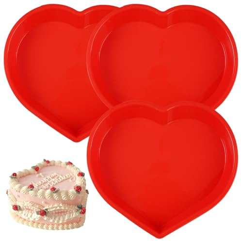 3 Piezas Molde Corazon Silicona, 8 Pulgada Moldes De Corazon De Silicona, Antiadherente, Fácil de Desmoldar, para Hornear Pan, Pasteles, Tartas de Cumpleaños de Aniversario (Rojo, 23cm x 22cm x 3cm)