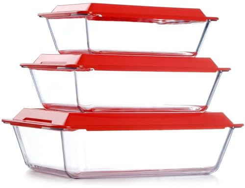 NUTRIUPS Lot de 3 plats de cuisson profonds en verre avec couvercles en plastique, plats à lasagnes profonds pour four, plats de cuisson rectangulaires en verre (2,3 + 3,5 + 5,4 l)