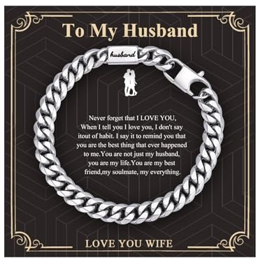 Gamtic Men's Bracelets Gifts for Husband - Engraved Silver Cuban Chain Love Massage Personalised To My Man Bracelet 19cm Birthday Valentines Christmas Presents Fathers Day Gift for Husband Men