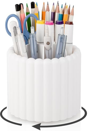 Anyoifax 360° Rotating Pen Holder 7 Slots Desk Organizer Removable Pencil Cup Plastic Art Supplies and Accessories Desktop Storage Box Caddy for Office, School, Home (White)