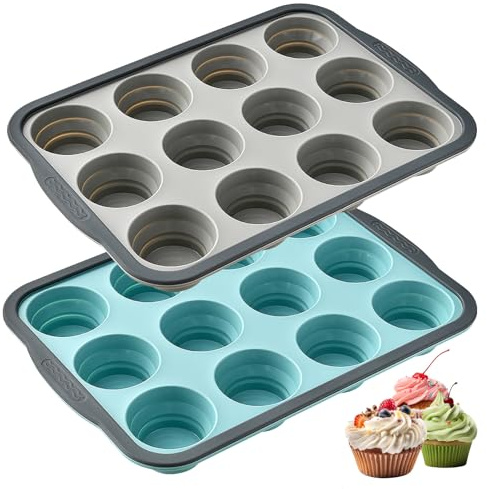 Nocecfi Silicone Muffin Trays, 2 Pcs 12 Cups Regular Cupcake Tray, Non-Stick Silicone Muffin Cup Moulds for Cupcakes Egg Muffins Bread Cake Baking (Blue, Grey)