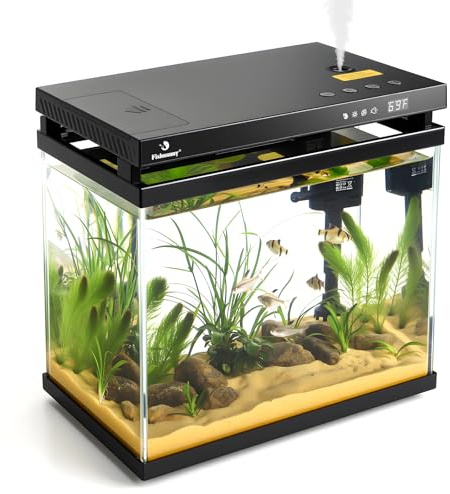 Fishnanny 9L Smart Mini Fish Tank Aquarium - HD Glass Fish Tank Kits with Auto Feeder, Self-Cleaning Silent Filter Pump, Aromatherapy, Temperature Display & 7-Color Lights for Desktop, Office, Room