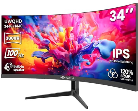 CRUA 34 Ultrawide Curved Monitor, 21:9 UWQHD 3440x1440 100Hz 3800R IPS Computer Monitors with Built-in Speakers, Supports FreeSync, 120% sRGB, Blue Light Filter, HDMI 2.0 & DP 1.4, Wall Mountable