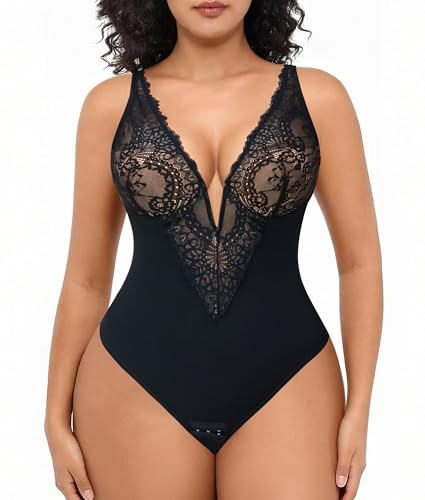 SHAPERIN Body Gainant en Dentelle Femme Body Sculptant avec Soutien-Gorge Intégré à Armatures Col en V Gaine Ventre Plat