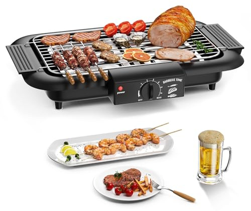 Elektrisk grillgrill, non-stick, rökfri, inomhus och utomhus, 2 000 W, dubbelrör, hög effekt, bärbar, med avtagbart grillställ (svart)