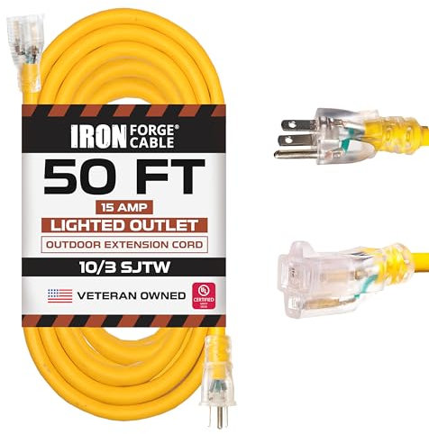 Iron Forge Cable Outdoor Extension Cord 50 Ft - 10 Gauge Heavy Duty Extension Cord, 15 AMP, 10/3 Yellow Power Cable SJTW Weatherproof with 3 Prong