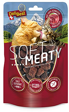 DeliBest Soft Meatys I Katzen Leckerlies aus Schweizer Rindfleisch getreidefrei I halbfeuchte Leckerlies leicht verdaulich I Katzen Snack ohne künstliche Zusatzstoffe I für Allergiker geeignet I 100g