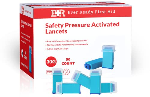 Ever Ready First Aid Safety Pressure Activated Lancets, Sterile Push Lancets with 30 Gauge for Blood Sugar Testing - 50 Count