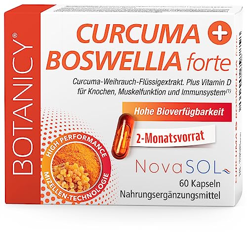 BOTANICY Curcuma + Boswellia forte - 60 Kurkuma Weihrauch Kapseln mit Markenrohstoff NovaSOL - Plus Vitamin D3 für Knochen & Muskeln - Hohe Bioverfügbarkeit, Weihrauch Kurkuma Kapseln Hochdosiert
