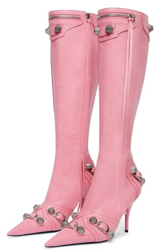 Dsevht Stiletto Black Knee High Boots for Women Sexy Pointed Toe Rivets Tassel Fashion Studded High Heel Tall Long Boot Zipper
