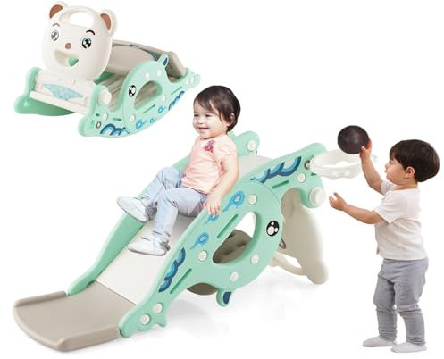 DREAMADE Toboggan Exterieur Enfant, 4 en 1 Cheval à Bascule Charge de 50 KG pour 3+ Ans, Jouet Amovible en HDPE avec Panier de Basket, Basket-Ball, Lancer d’Anneaux (Vert&Blanc, Ours)