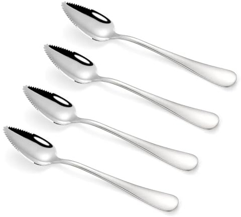 EXIN DEHCEN Set di 4 Cucchiai di Pompelmo, Cucchiaio Da Dessert Raschietto, Cucchiaio da Pompelmo in Acciaio Inossidabile, Cucchiaio da Dessert con Bordo Seghettato per Frutta Mele Kiwi Agrumi