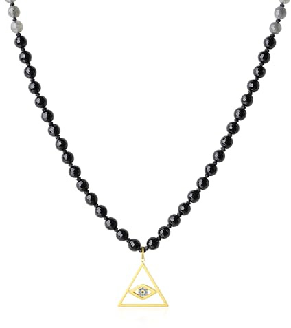 COAI Collana Mala 108 Grani Perle Sfaccettate di Onice e Labradorite Annodate a Mano con Ciondolo Occhio Turco Malocchio, Collana Rosario Uomo Donna con Pietre Naturali