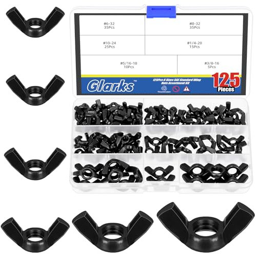 Glarks 135Pcs Wing Nuts Assortment Kit, M3/M4/M5/M6/M8/M10/M12 Black Carbon Steel Butterfly Hardware Wing Nuts (Inch)