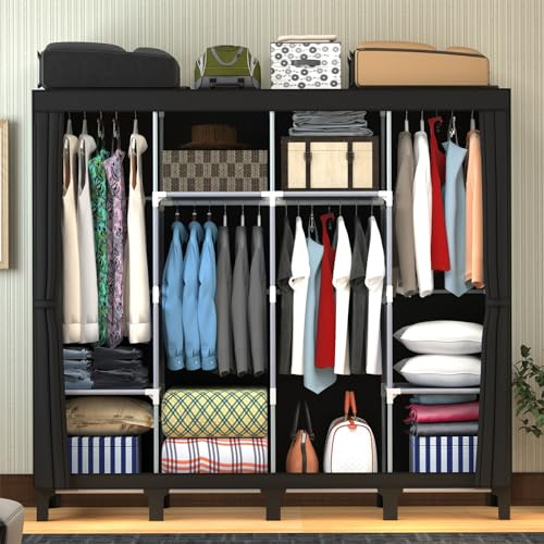 LOEFME Canvas Wardrobe, Four-column Portable Wardrobes for Bedroom, 165 * 45 * 175 cm New Base Design Fabric Wardrobe, 16 * 0.22mm Steel Tube Storage Space Foldable wardrobe, Black