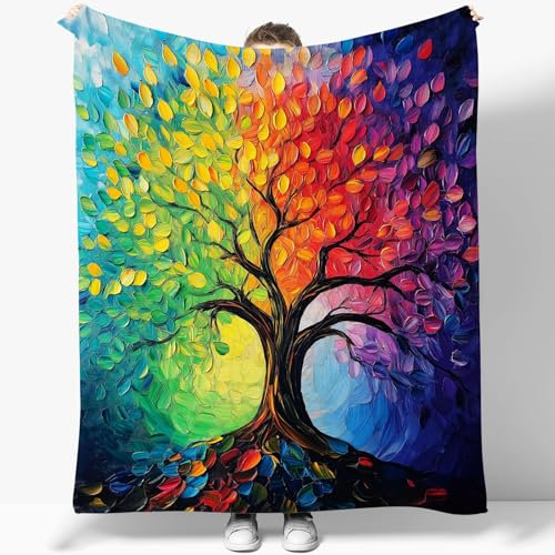 Decke Weich Flanell Plüsch Fleece Wohndecke Ölgemälde Lebensbaum Muster Überwurf, Leichte Gemütliche Plüschdecke Bunt für Schlafzimmer Wohnzimmer Sofa Tagesdecke Decke 100 x 130 cm