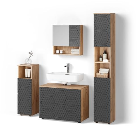 Livinity Badmöbel-Set Ronco, Anthrazit mit Wabenstruktur, 4 Teile, mit Schubladenschrank und Hochschrank