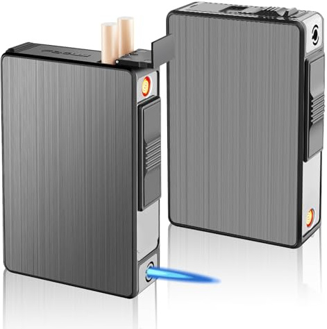Pitillera con encendedor: WIYETY 2 unidades de caja de cigarrillos de aluminio desmontable, resistente al viento, encendedor de gas, encendedor de tormentas, puede cargar 20 barriles, carga USB (se