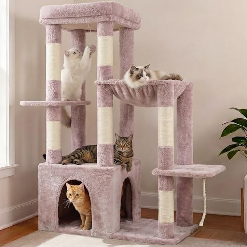 Heybly Rascador para Gatos 120cm - Torre para Gatos Adultos con Base XL, Incluye Múltiples Niveles, Muebles de Peluche, Rascador, Hamaca y Juguete con Bola, Beige Marrón HCT026MU