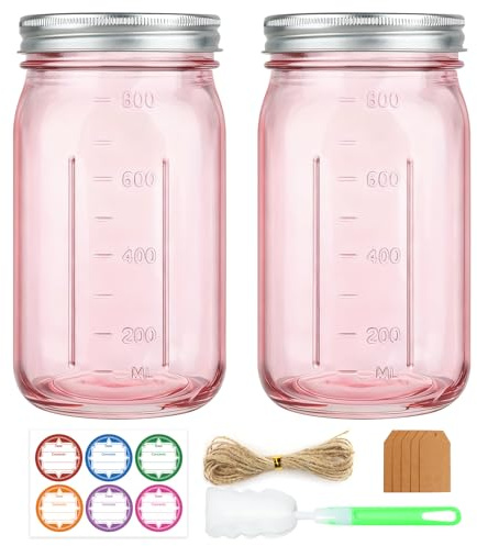 CARBLIN 2 Pack 32 oz Mason Jars,Pink Wide Mouth Glass Canning Jar with Lids