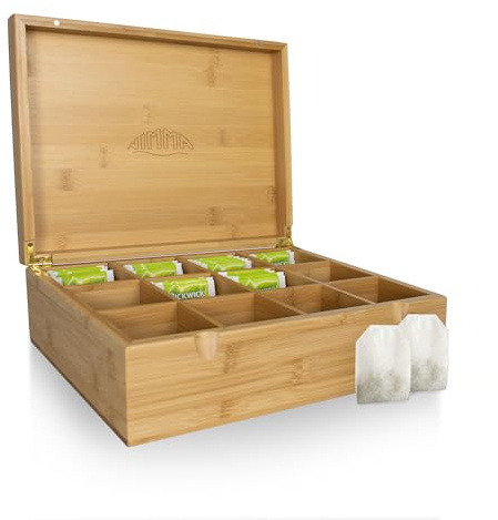 NIMMA Cajas para té – Caja de té de madera con cierre magnético – Adecuada para Pickwick, Lipton y más – Compartimentos extra grandes para bolsitas de té y té suelto (1, Marrón, 12 compartimentos)