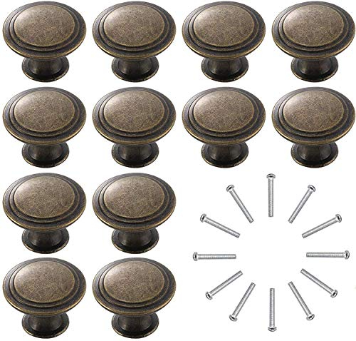 Kyrio 12 Stück Schubladenknöpfe, Möbelknöpfe, Schubladengriffe, Vintage Antik-Messing Möbelknöpfe, Runder Griff, Knauf für Schrank Schublade Küche Kommode Türen (12, Dunkle Bronze)