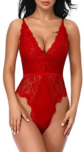 EVELIFE Body Femme Sexy Col V Teddy Lingerie Dentelle Entrejambe Dos Nu Sous-Vêtements de Nuit Transparent La Saint-Valentin(R XXL)