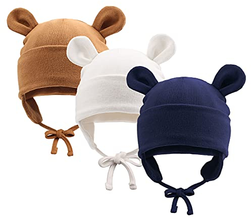 Pesaat Baumwolle Erstlingsmützen 0-12Monate Baby Mütze Neugeborene Mädchen Jungen Baby Beanie Newborn Mütze Mit Ohren und Band,Sommer,Frühling,Winter (Marine+Braun+Weiß, 0-6Monate)