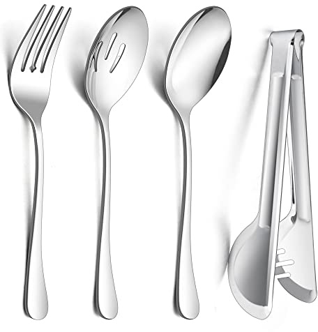 E-far Large Serving Utensils Set of 8, Stainless Steel 9.8 Inch Serving Spoons Slotted Spoon, 9.9 Inch Serving Fork, 9.4 Inch Serving Tong for Buffet Catering Banquet, Mirror Finish & Dishwasher Safe