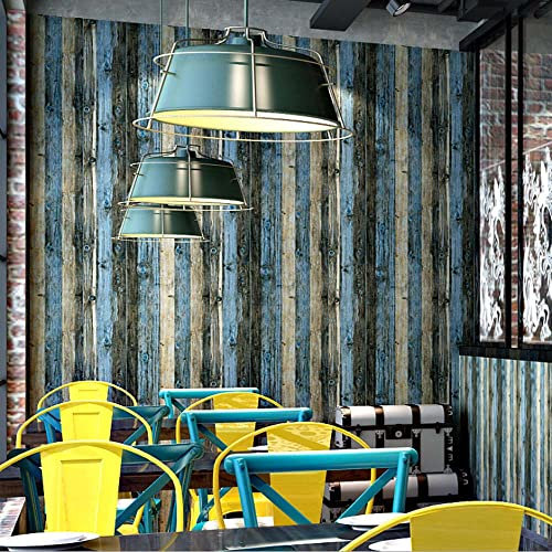 Papier peint rétro nostalgique imitation bois grain industriel en 3D pour restaurant, café, magasin de vêtements, papier peint non collé 5,4 cm de large x 92,8 cm de long (vert bleu)