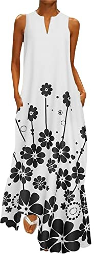 BOTCAM Vestido largo de verano elegante para mujer, vestido de noche para boda, vestido de fiesta, niña, vestido retro para mujer, años 60, estampado floral, cuello de pico, sin mangas, vestido maxi