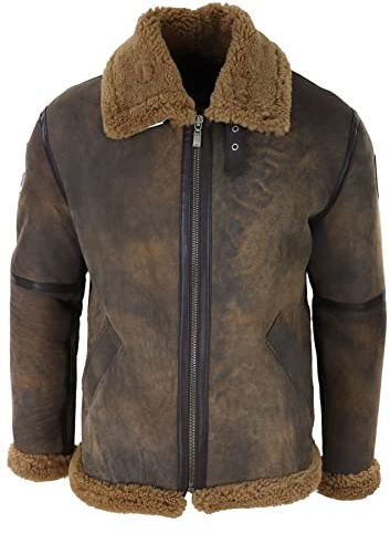 Veste d'hiver en Peau de Mouton retournée vieillie véritable et Fourrure pour Homme Style Pilote - Marron M