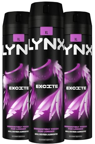 Lynx XL Excite Body Spray Deodorant for Men 200ml Pack of 3, 48H Odour Protection Bodyspray Aerosol, Long Lasting Masculine Fragrance, Lynx Deodorant Mens Everyday Freshness