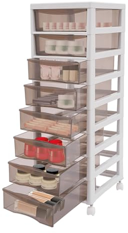 Cajón de plástico caqui almacenamiento gabinete con 8 cajones y ruedas, archivar bocadillos cosméticos almacenamiento transparente multicapa archivo bocadillos estante cosmético torre caja de