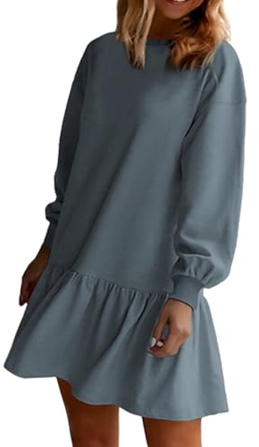 EEJBYTDI Vestidos de otoño para Mujer 2024, Vestido de Sudadera de Retazos de Punto Acanalado con Cuello Redondo, Vestidos Casuales Mini, (L,Gray Blue)