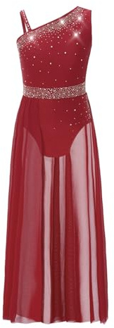 ranrann Enfant Fille Robe Danse Classique sans Manches Strass Costume Danse Lyrique Asymétrique Justaucorps Ballet Tenue Patinage Artistique Dancewear A Bordeaux 11-12 Ans