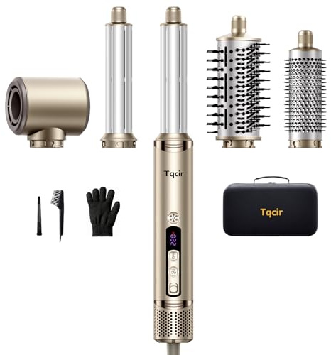 Tqcir 5-in-1 Professional Hot Air Styler, Powerful Multi-Styler with Auto-Wrap Curlers, Fast Drying Curling Straightening Volumizing Without Heat Damage, Storage Case for Girl/Women(Gold)