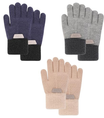 QKURT 3er Pack Winterhandschuhe für Kinder, Vollfinger, Warm, Elastisch, Magisch, Fingerhandschuhe, Jungen & Mädchen 3-8 Jahre, Grau, Marineblau, Khaki, Hellrosa, Himmelblau, Tiefrosa