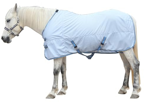 Gallopoff Coperta anti-insetti per cavalli, coperta estiva traspirante con protezione UV e antigraffio, con chiusura pettorale regolabile, tracolla a croce e lacci per le gambe Blu chiaro 120 cm
