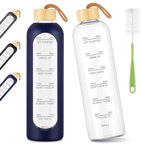 AOOWU Glass Water Bottle with Time Marker, 1000ml Leak-proof Sports Glass Water Bottle with Bamboo Lid, Sports Drinking Bottle, Reusable Silicone Case Glass Drinking Bottle, Motivational Water Bottle