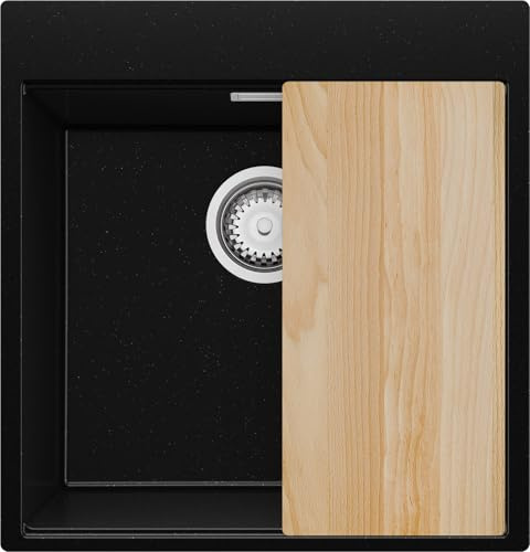 PRIMAGRAN Fregadero Cocina Negro Metallic 48x50cm, Granito 1 Seno + Sifón + Tabla de Cortar, Sobre Encimera al Mueble 50cm - Oslo Top S296