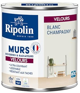 RIPOLIN - Peinture Intérieure Multi-Supports – Murs, Boiseries & Radiateurs – Ultra couvrante - Monocouche - Confort d'application - Aspect Velours - Blanc Champagny - 0,5L