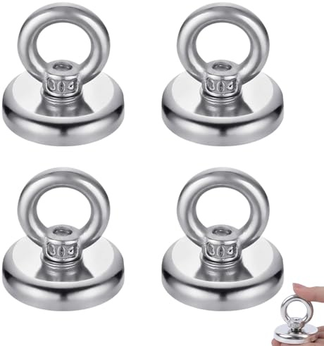 Gancio Magnetico, Confezione da 4 Magneti al Neodimio, Magnete da 32 mm con Gancio, Gancio Magnetico con Occhiello, Magnete con Occhiello al Neodimio, per Frigoriferi, Cucine, Garage