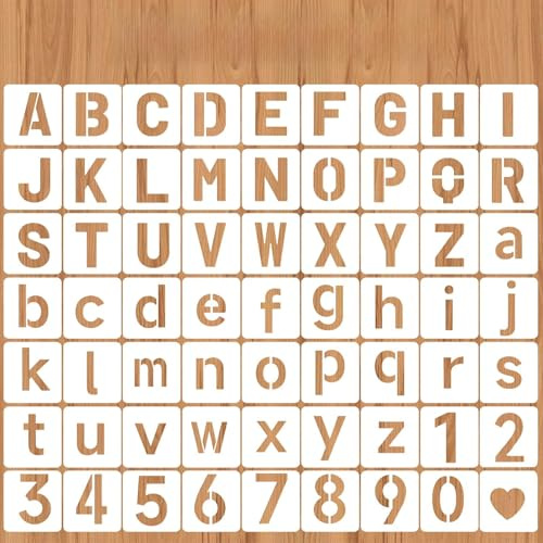 Ouligay 63 PCS Letter Stencils for Painting Reusable Alphabet Stencils 2 Inch Plastic Number Stencil Kit for Drawing on Wood, Wall, Glass, Porch, Fabric, Rock, Sign and Craft Decoration