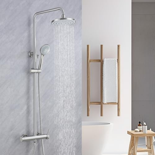 Dileci Duschpelare med 2 funktioner i borstat nickel/kromfinish - regnduschhuvud och handdusch - enkel installation och kompatibel med standardvatteninlopp