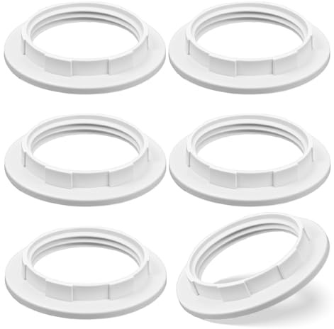 6Pcs Lamp Shade Rings, White Socket Ring for E26/E27 Sockets, Standard Base Lamp Shade Adapter Rings Holder Replacement, Fits 1-1/2 Threads, Easy to Install