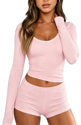 Dressmine Ladies Pyjamas Sexy Pjs for Women Sets U Neck Long Sleeve Shorts Ribbed 2 Piece Outfits y2k Lounge Wear