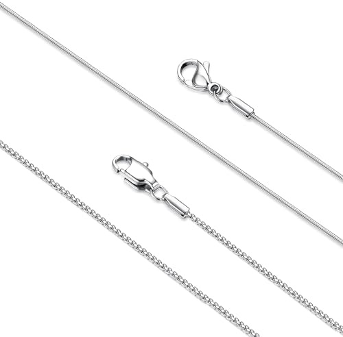 LOLIAS 2Pcs Stainless Steel Chain Necklace for Women - 1mm Thin & Strong Silver Chain Necklace - Hypoallergenic Snake Box Necklace, 22 Inch