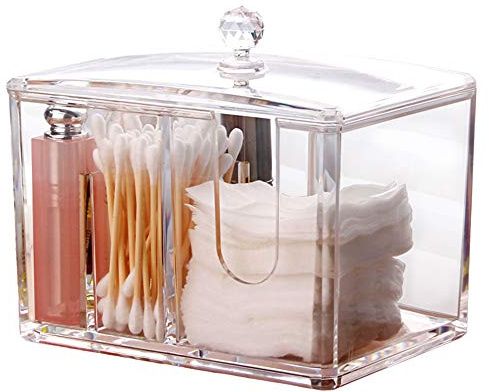 Watpot Qtip Cotton Pad Holder Dispenser Cotton Ball and Swab Storage with Lid Clear Acrylic Cotton Round Organizer, 4 Sections